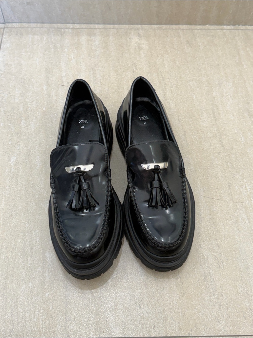 Zara Black Patent Tassel Lug Sole Loafers
